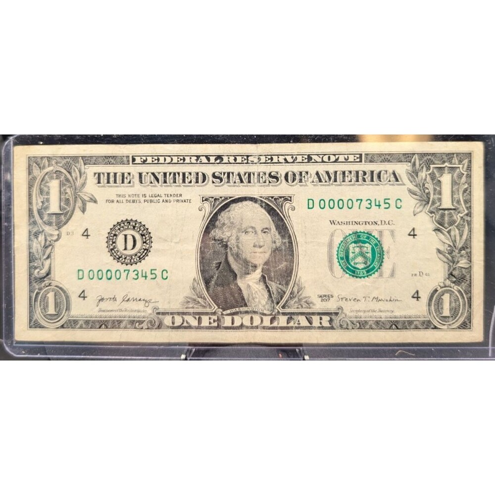 2017 1 Dollar Bill Low Serial Number D00007345C Paper Money